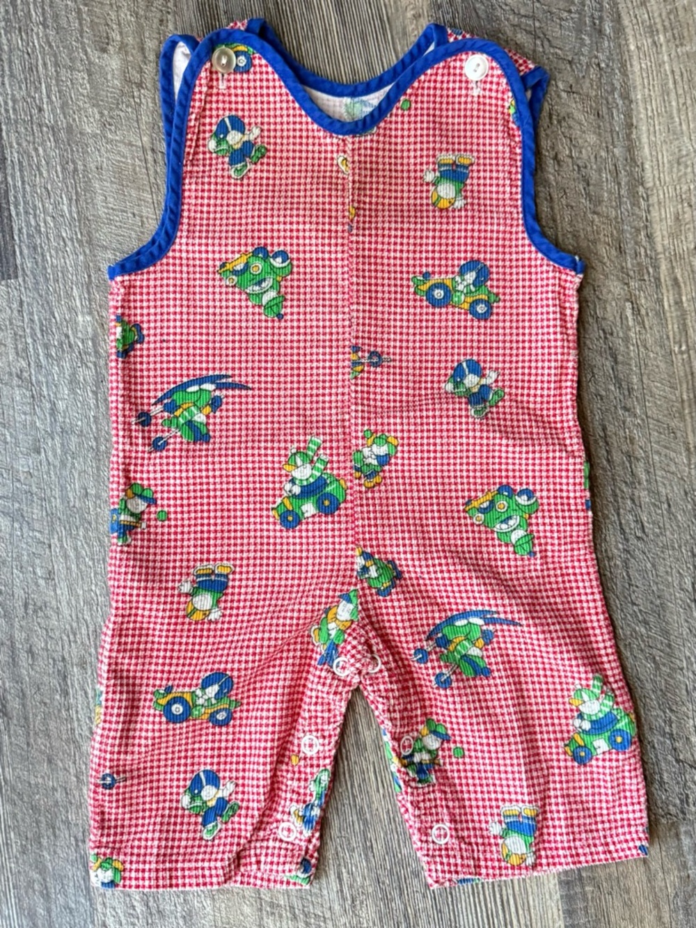 Vintage Baby‎ Romper 9-12M Red Gingham Transportation Print Jon Jon